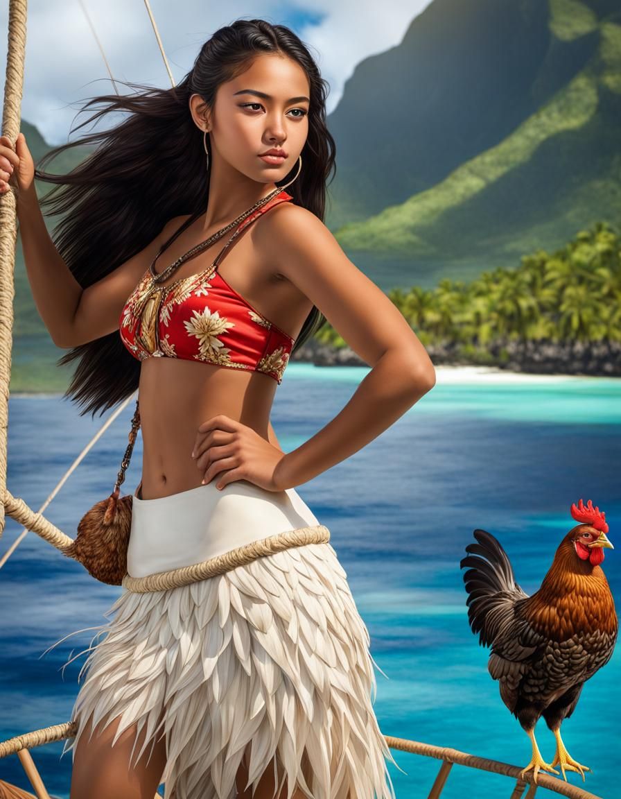 tahitian girl with a chicken
