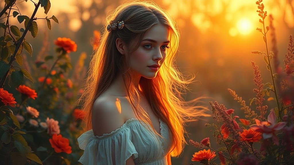 Ethereal Maiden in a Dreamlike Garden at Sunset