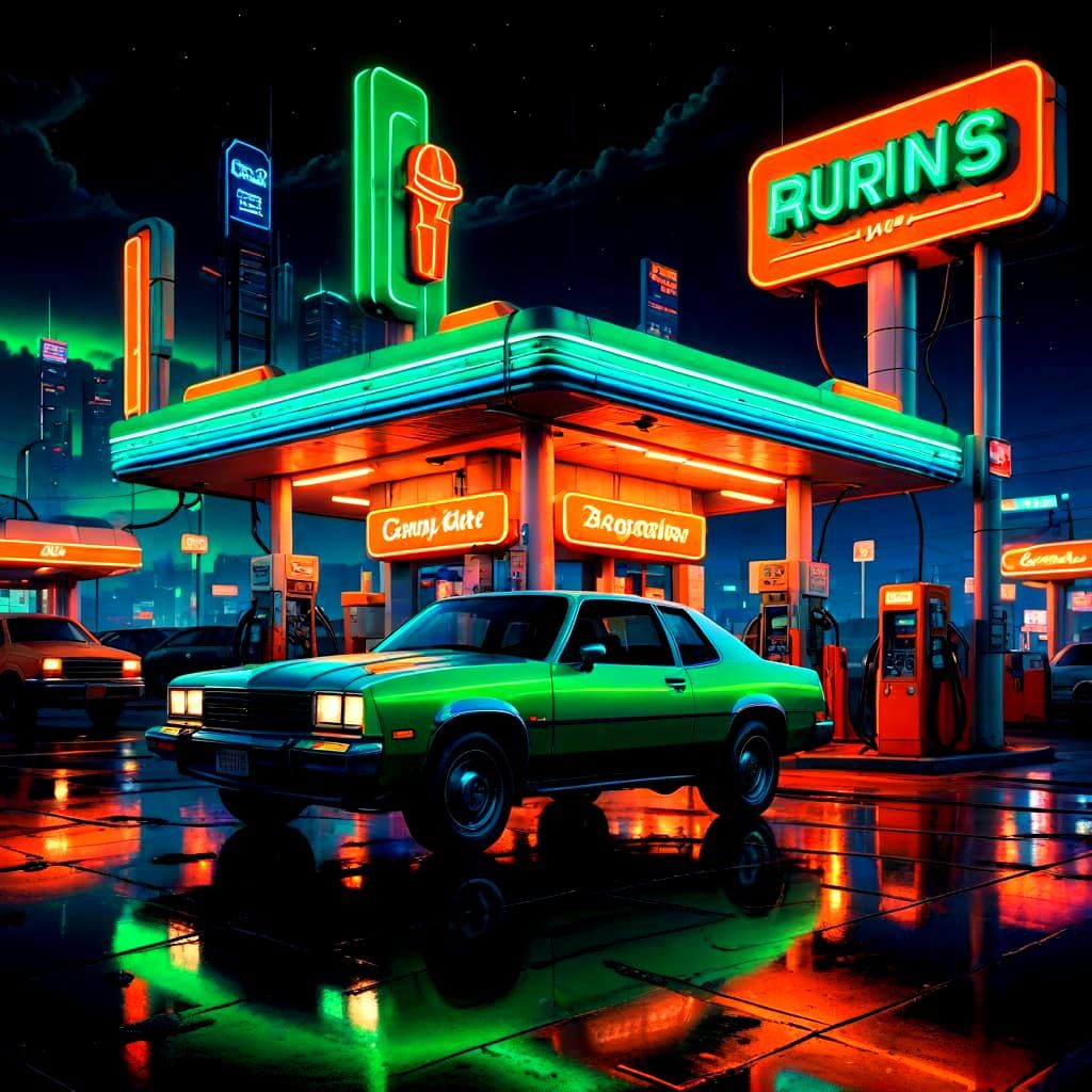 Neon Gas Station in Retro Style