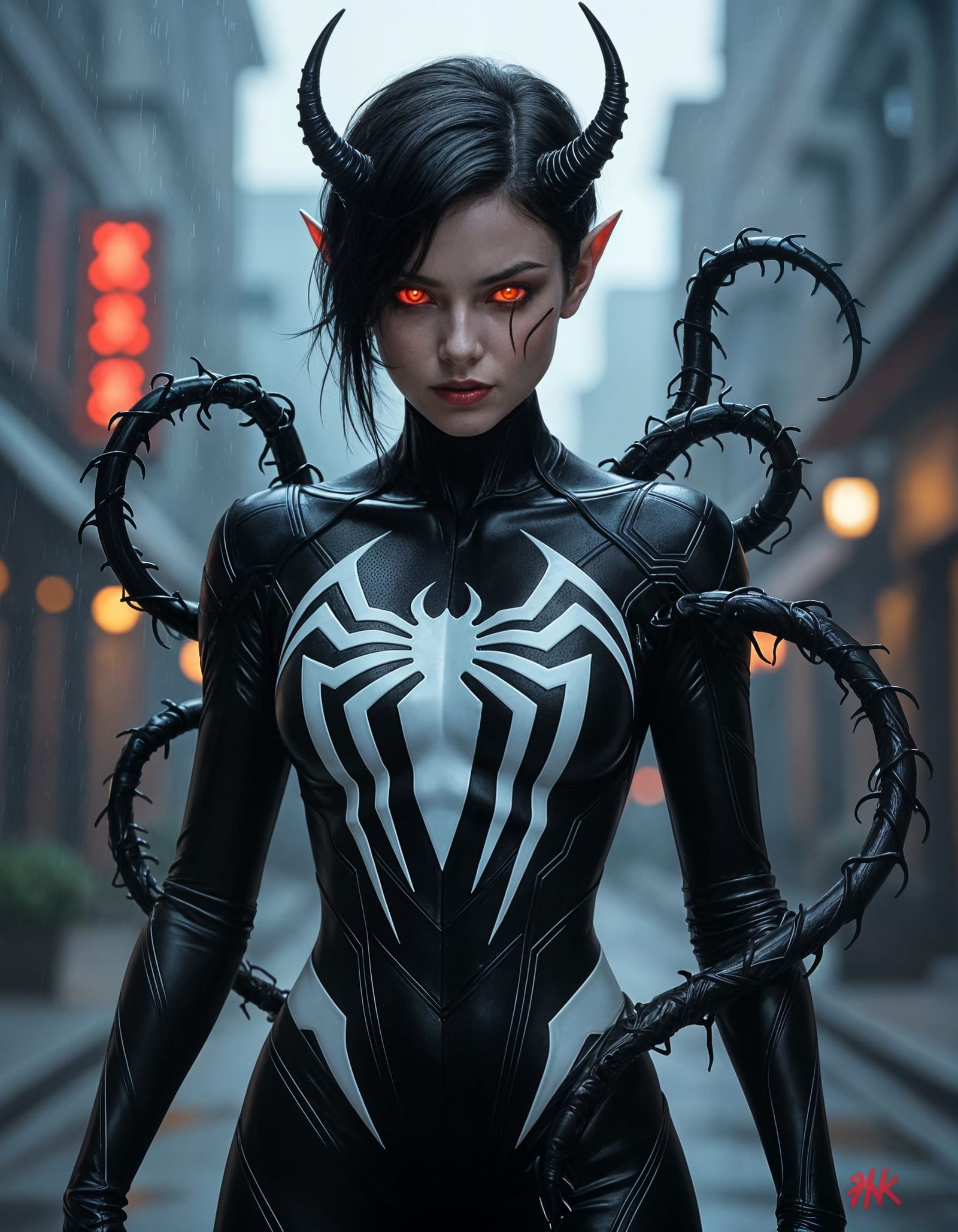 Elven Symbiote: A Dark Superhero Portrait in Urban Setting