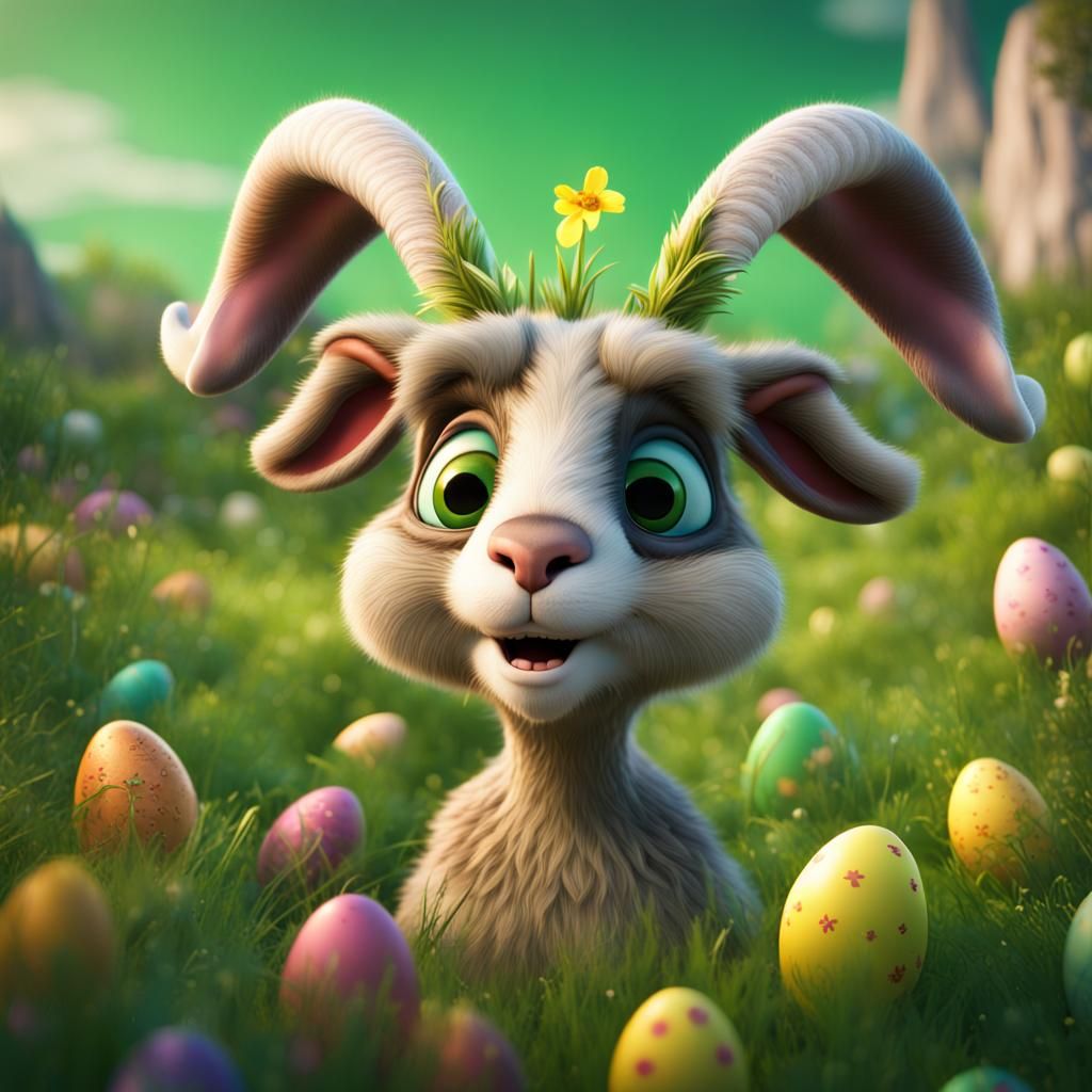 Funny Easter Bunny with Horns in Pixar Style