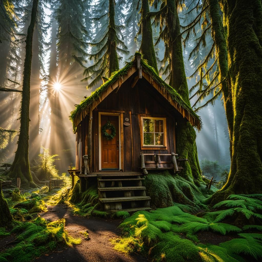 Rustic Tiny House in Hoh Rainforest, Epic Lighting