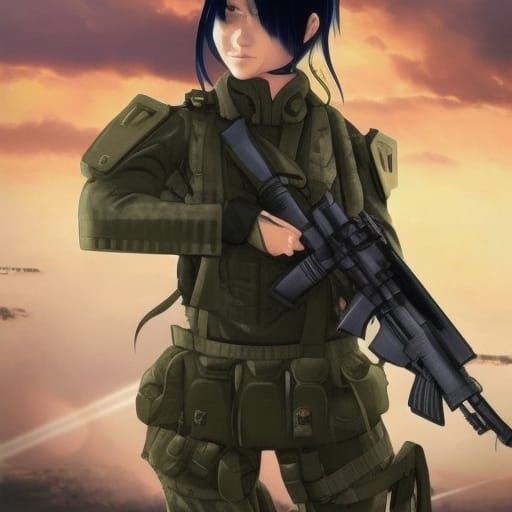 Anime Military Women in Kevlar Armor, Photorealistic Warzone