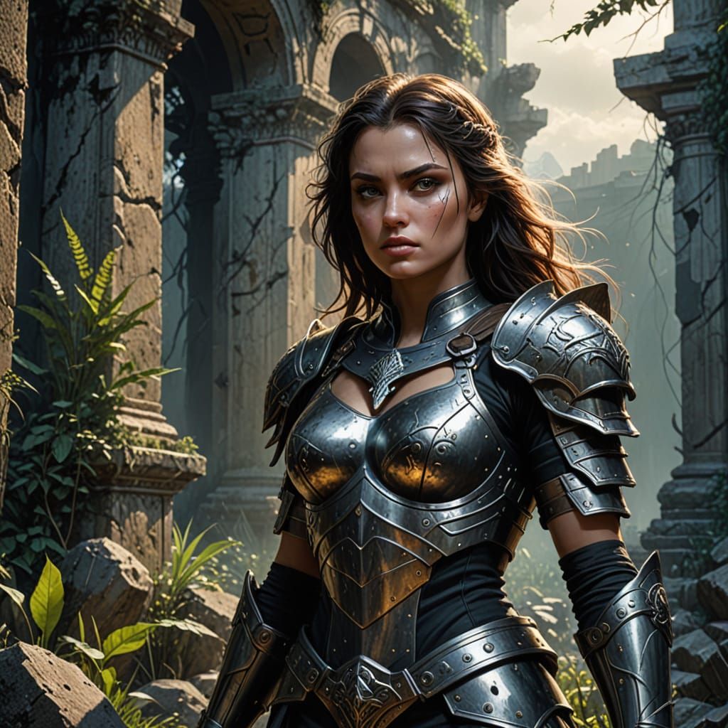 Stoic Warrior in Overgrown Ruins with Dramatic Lighting