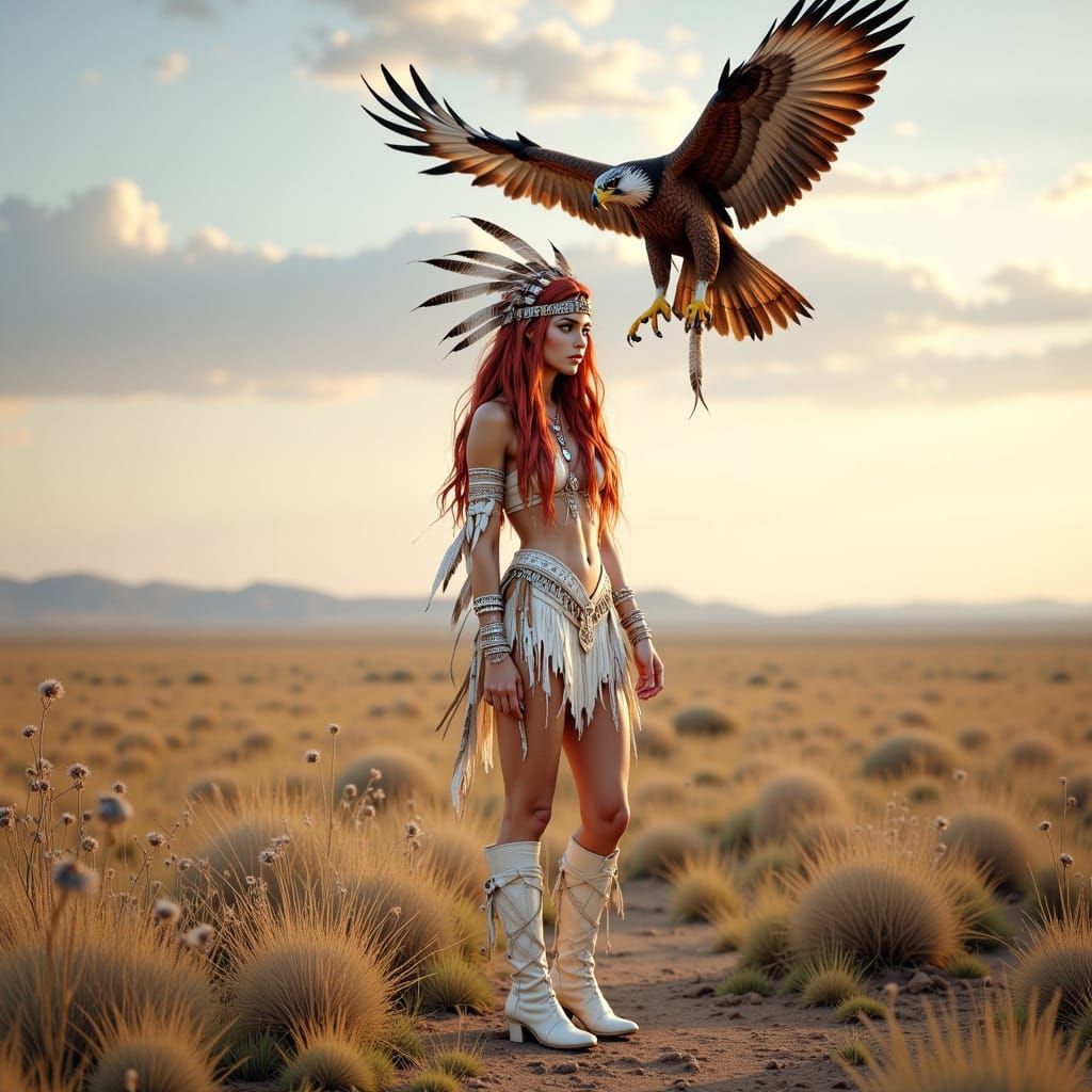 Druid Woman in White Leather with Eagle Headdress