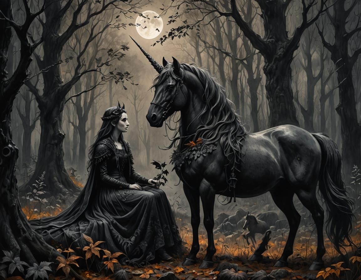 Dark Fairy and Black Unicorn in Autumn Forest