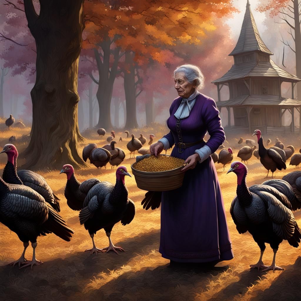 Autumnal Scene of Turkeys Being Fed