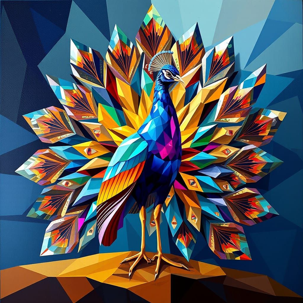 Geometric Cubist Peacock in Art Deco Style