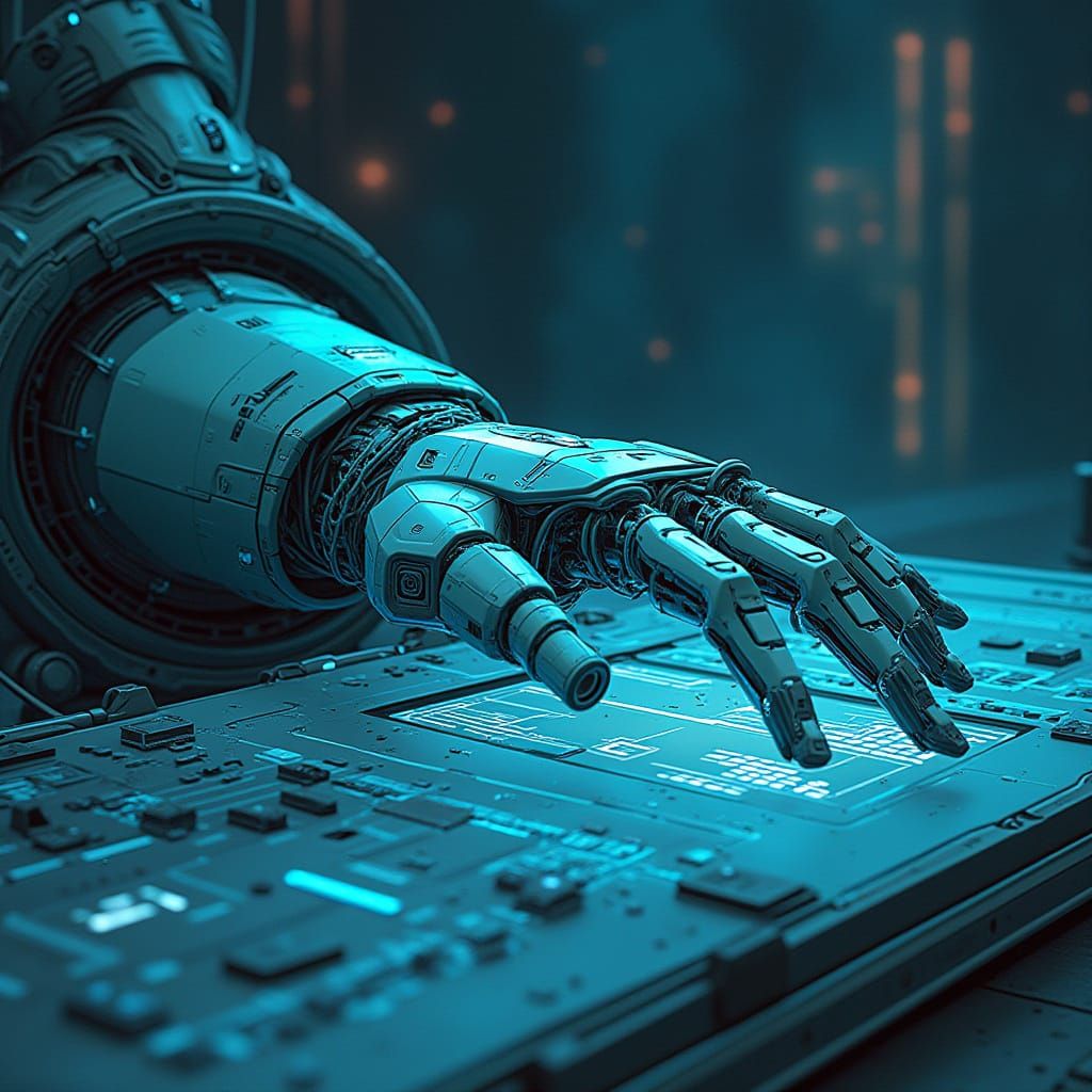 Futuristic Robotic Arm in a Cyberpunk Metropolis