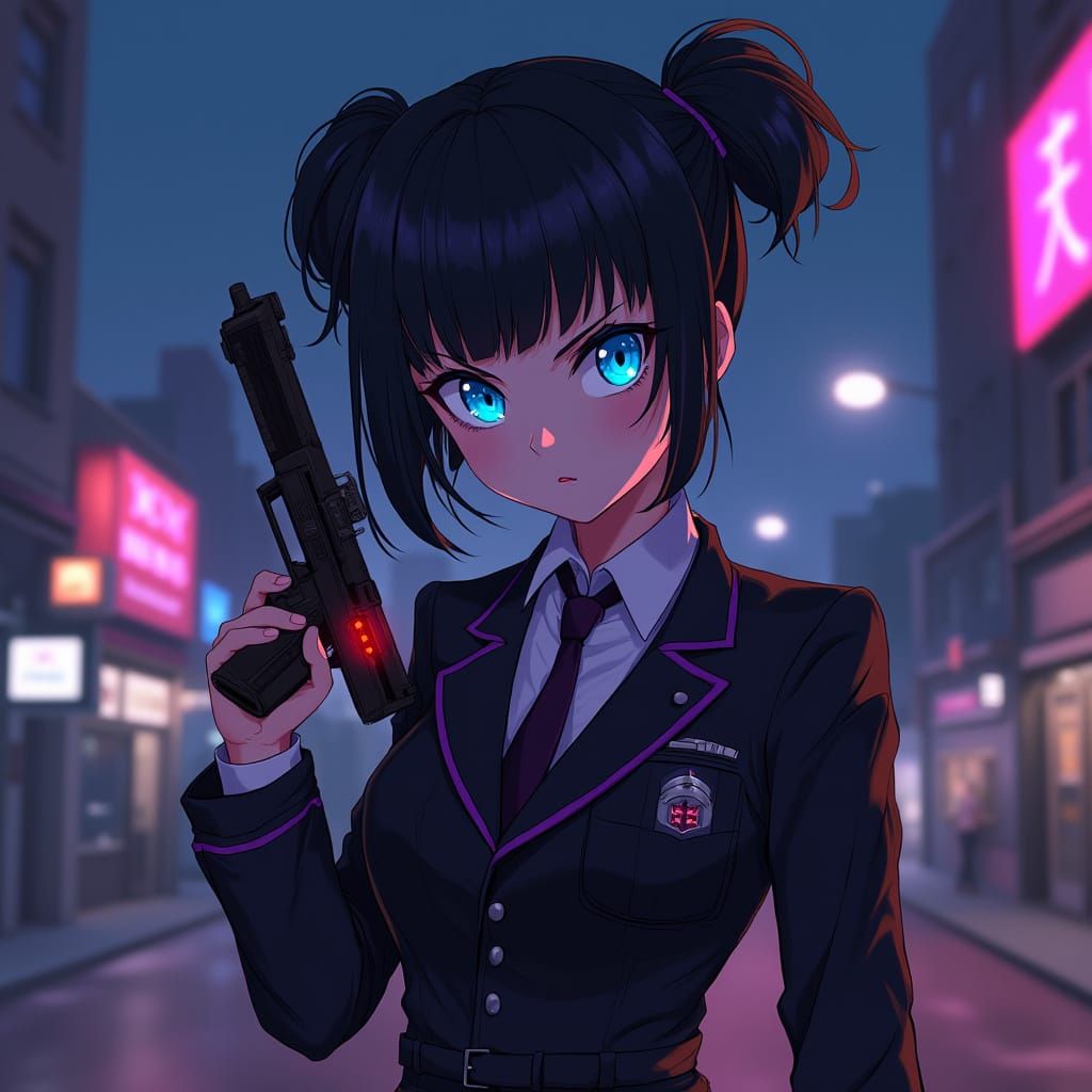 Anime-Inspired Spy Assistant Girl in Neon Cityscape