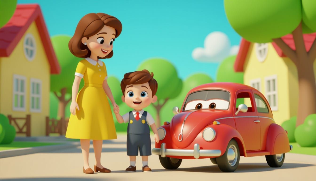 Boy and Mother With Cute Red Car in Disney Style