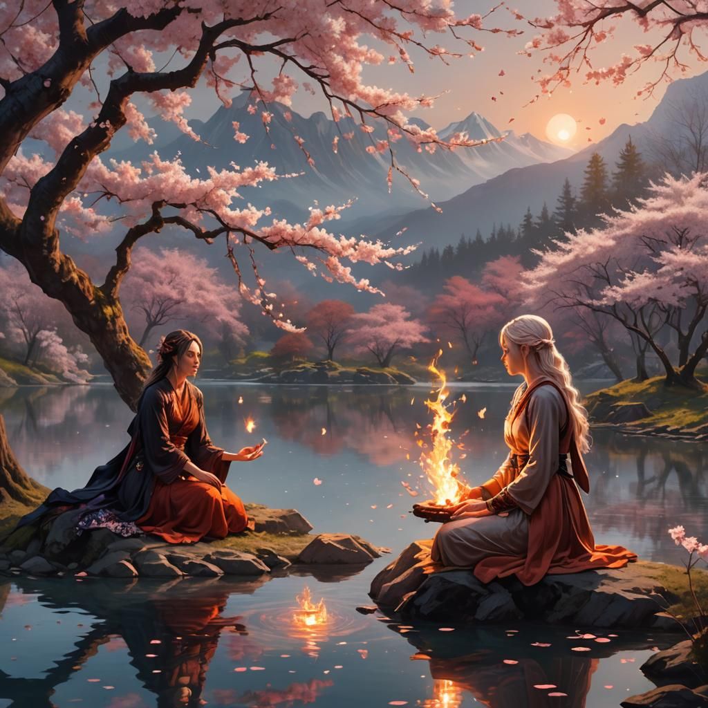 Pagan Fire Ritual Under Cherry Blossom Tree