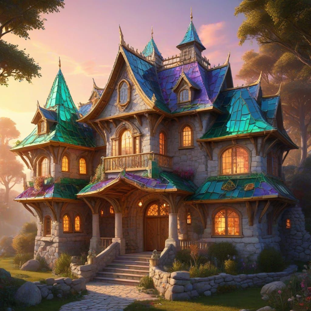 Fantasy Gemstone House Glowing in Golden Hour Light