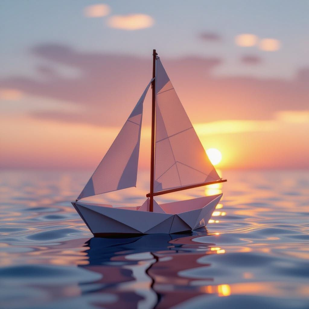 Origami Sailboat on Calm Sea at Sunset