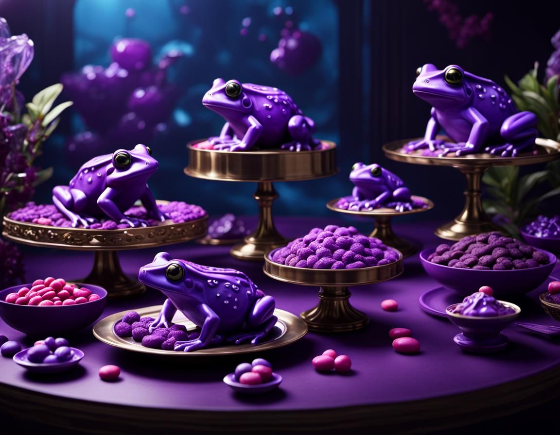 Purple Candy Frogs on Dessert Table, Digital Art