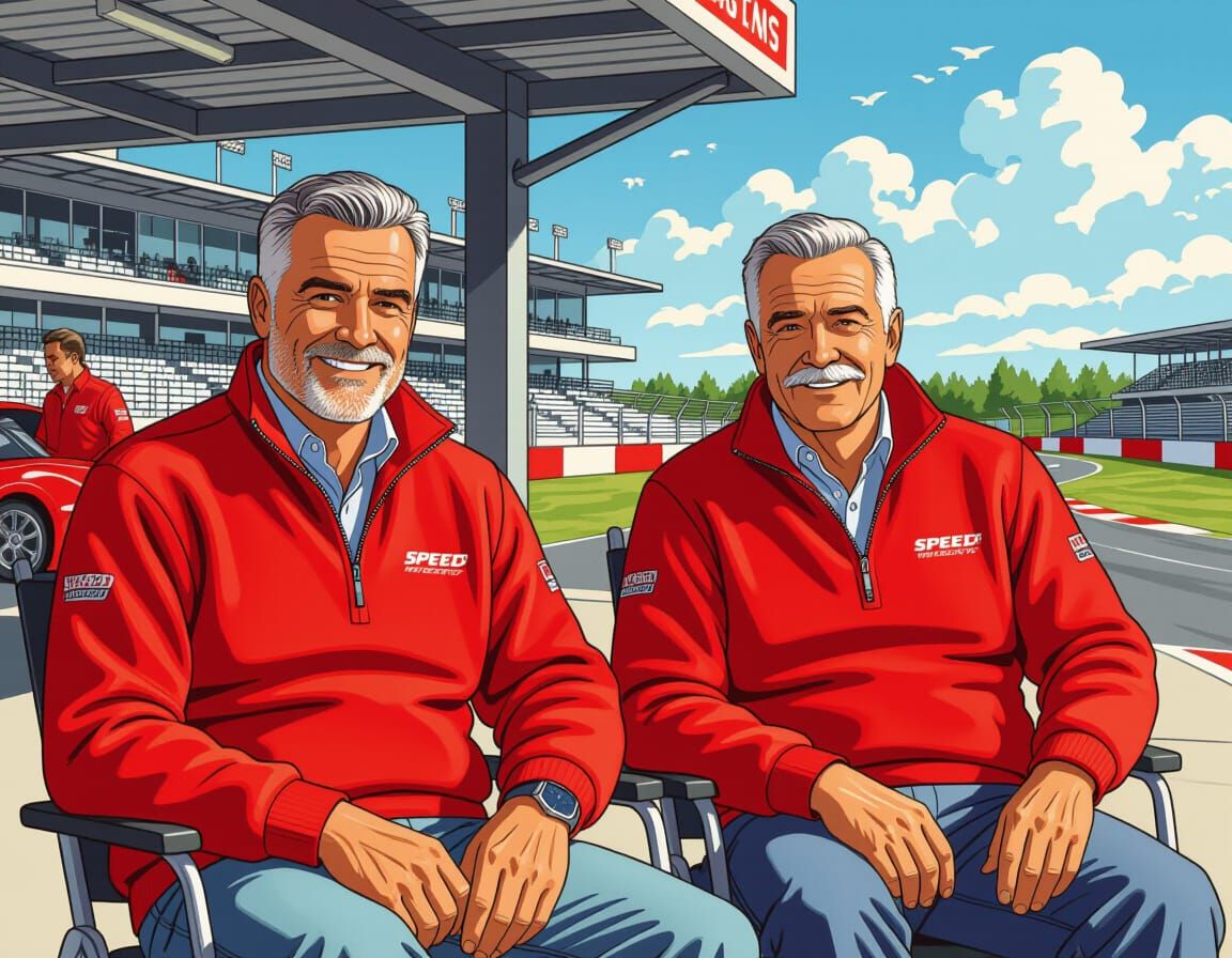 Two Racers Chatting Outside Garage in 70s Style