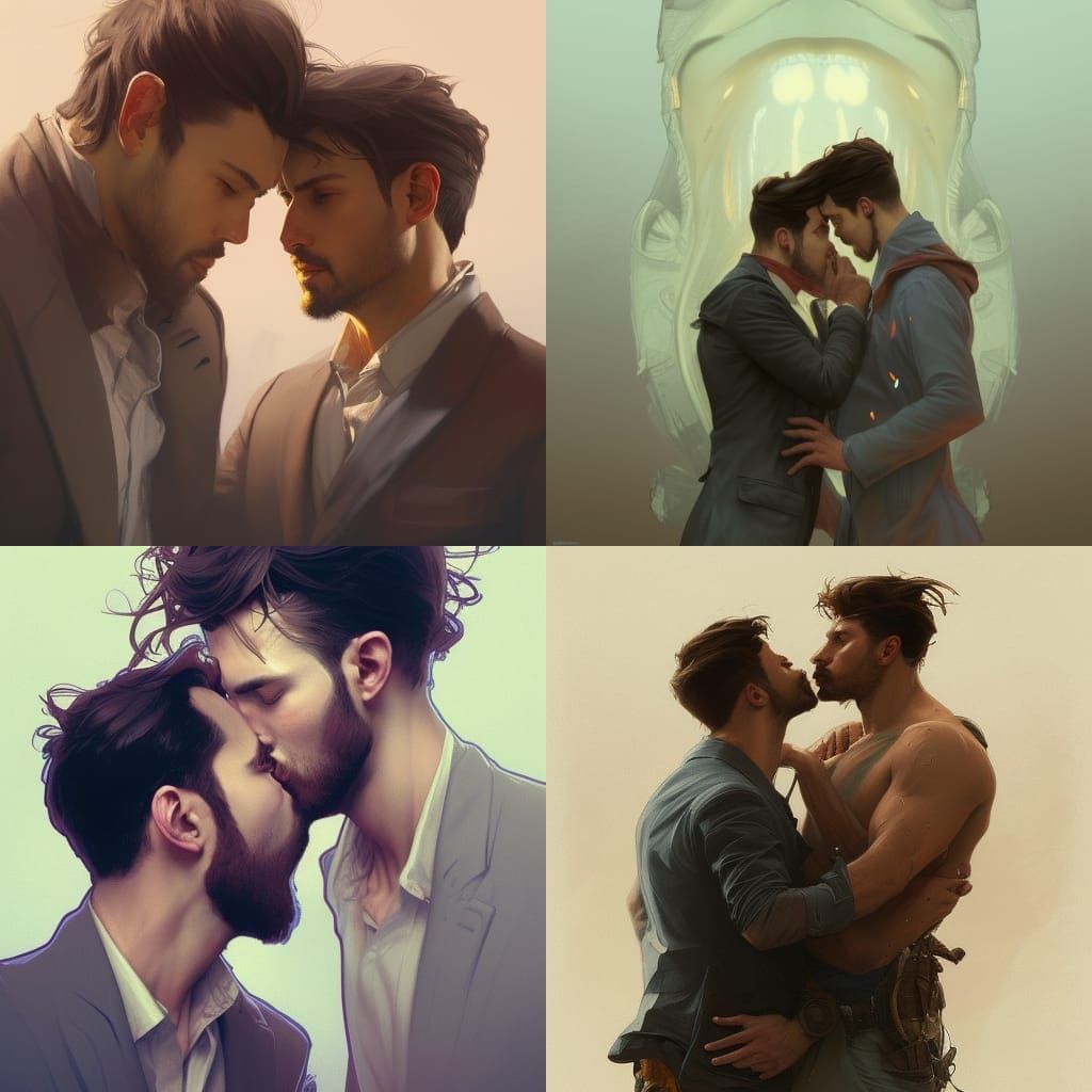 Portrait of Two Men Kissing, Hyperdetailed Art