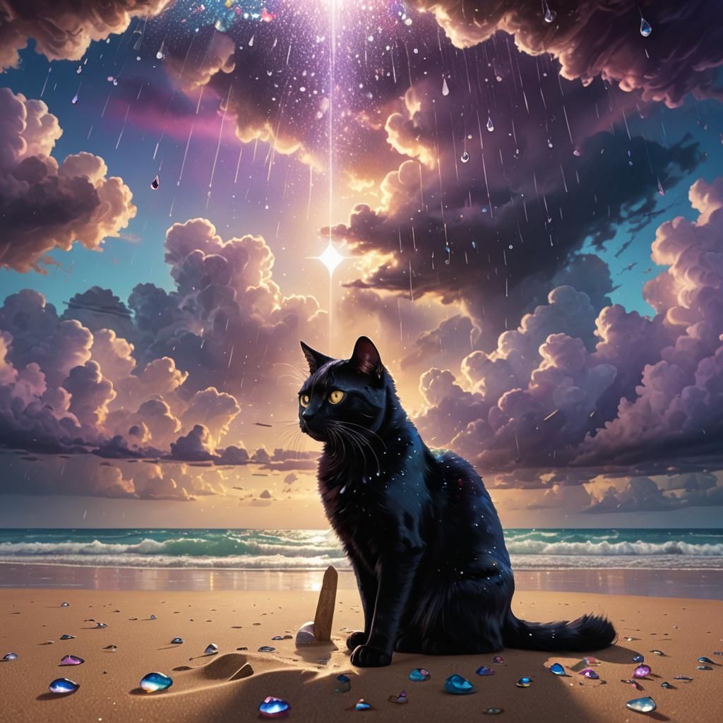 Black Cat on Rainy Beach in Fantasy Style