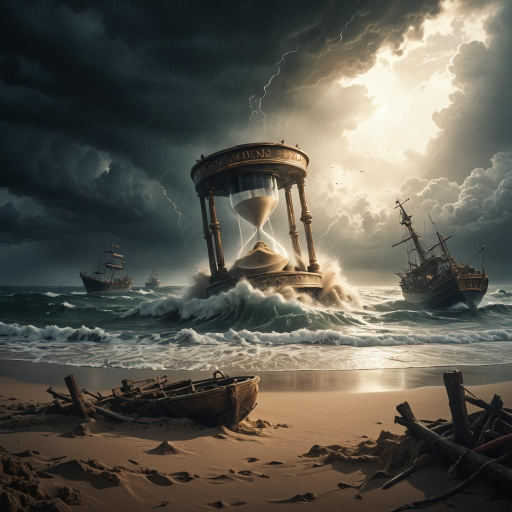 Dramatic Beach Scene with Sand Timer in Digital Matte Painti...