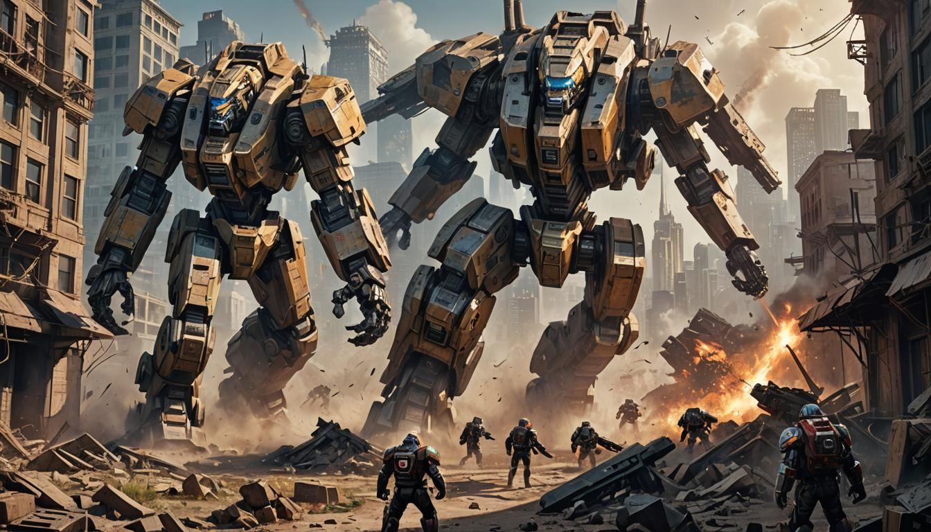 Mecha Battle in a Ruined City