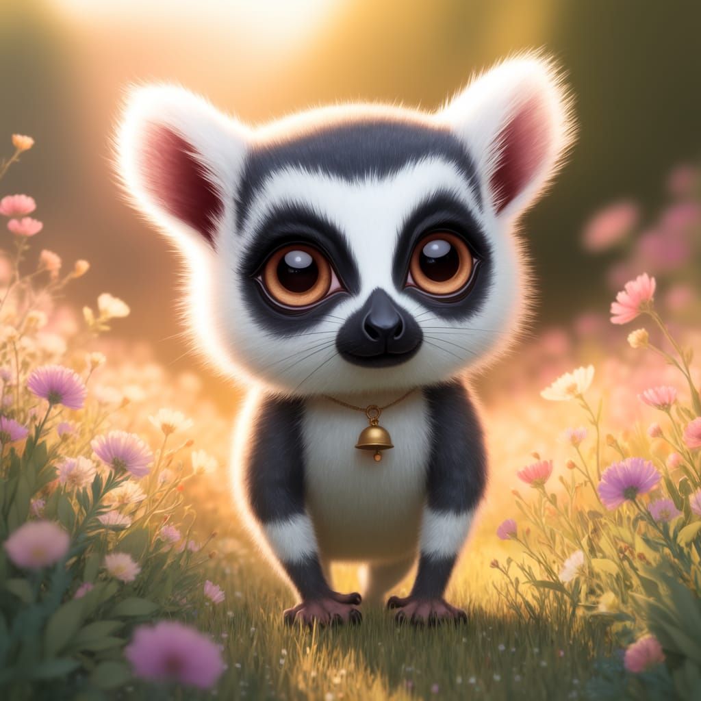 Whimsical Lemur in a Field of Wildflowers