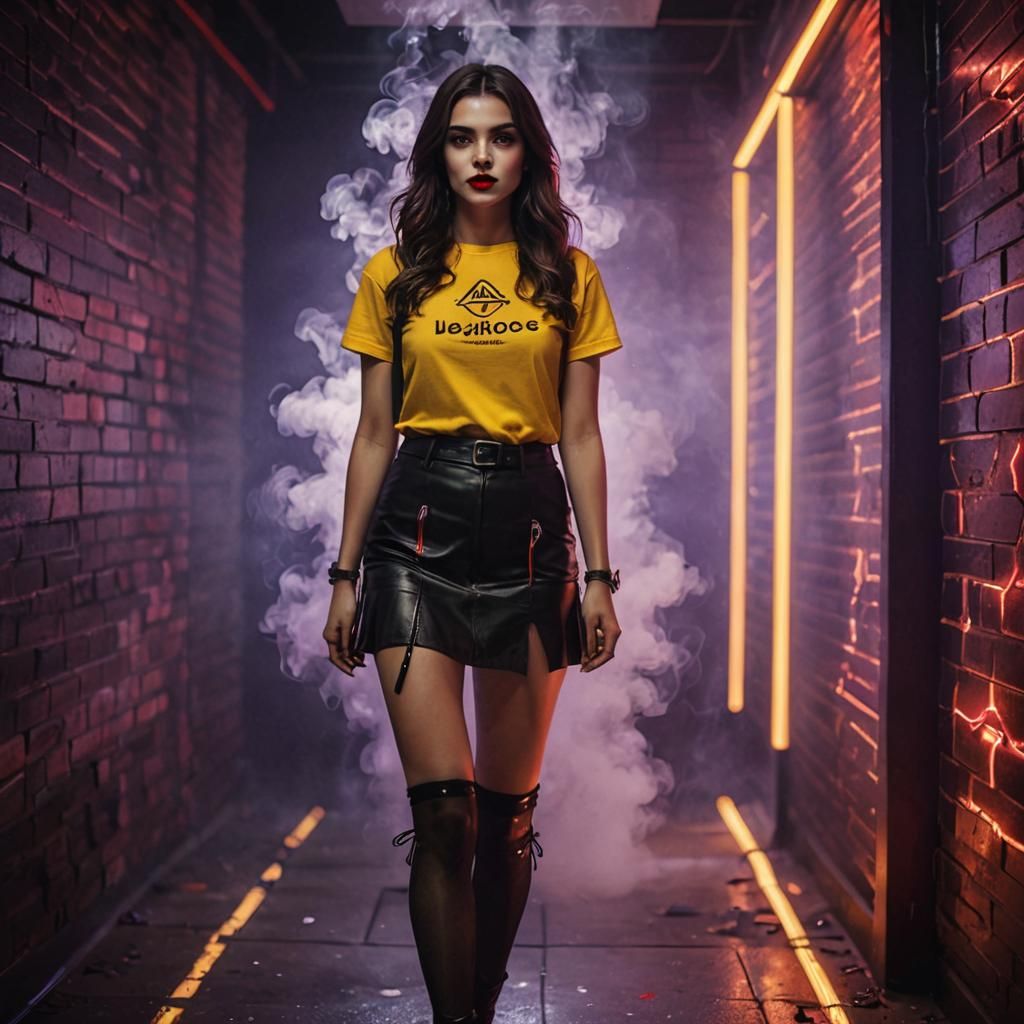 Brunette in Noir Corridor with Neon Lights