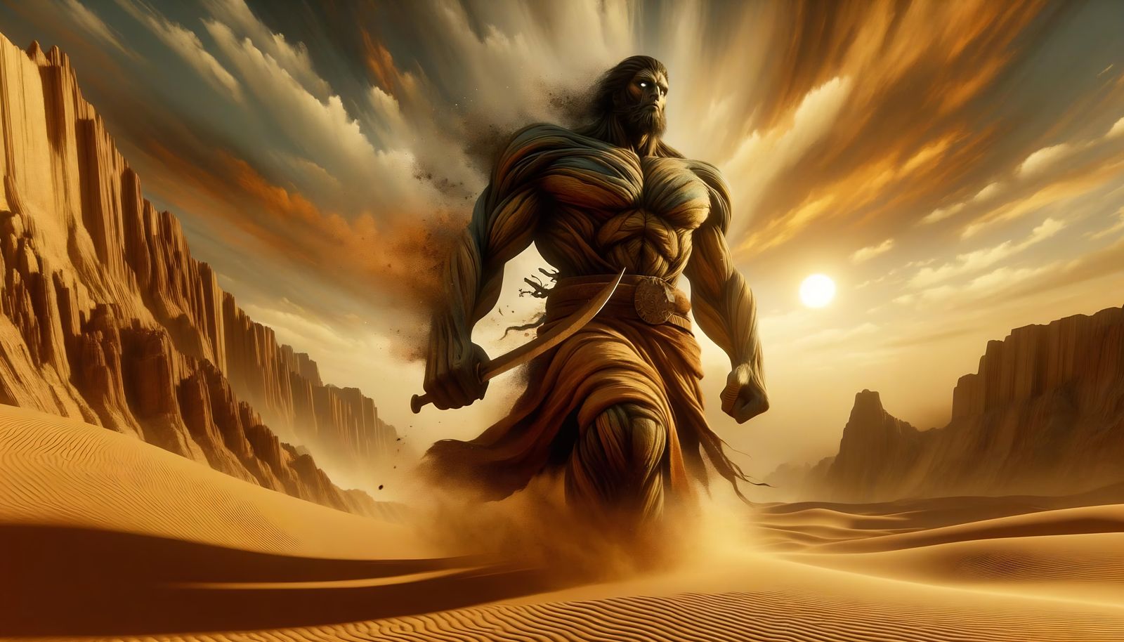Imposing Sand Giant Emerging from Desert with Scimitar