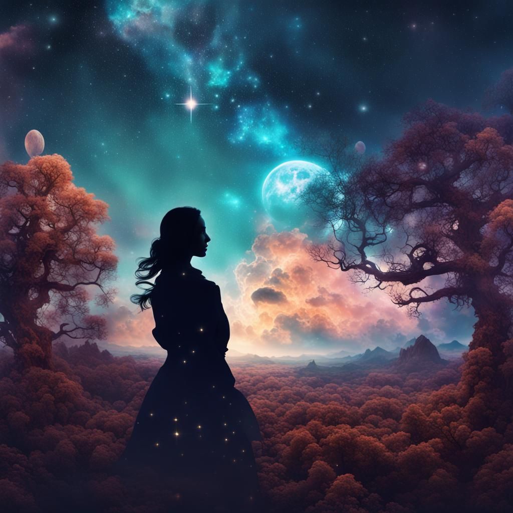 Cosmic Double Exposure Collage Art: Night Sky Fantasy