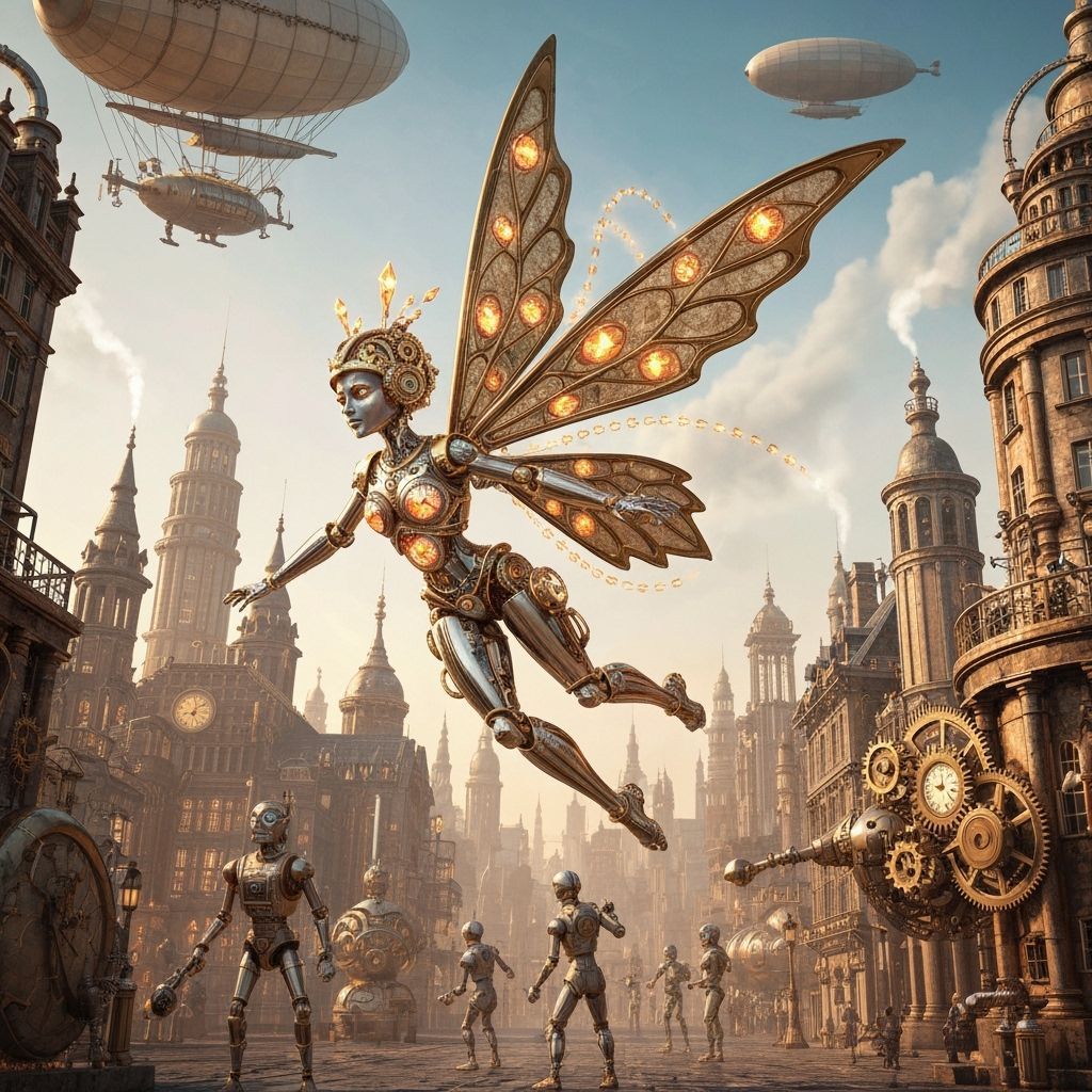 Clockwork Fairy in Steampunk Metropolis
