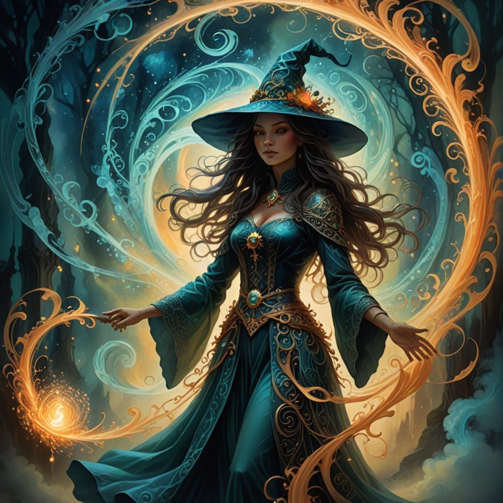 Ethereal Witch Silhouette in Mystical Swirls