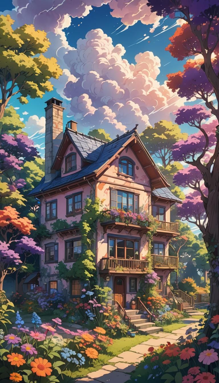 Colorful Anime Style Hippie House with Flowers