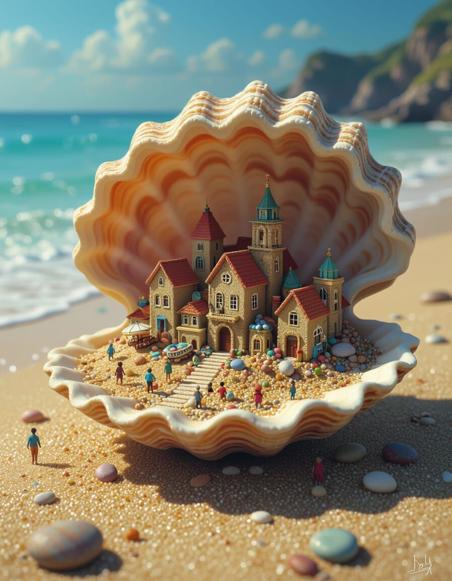 Miniature City in Seashell on Beach, Detailed Matte Painting