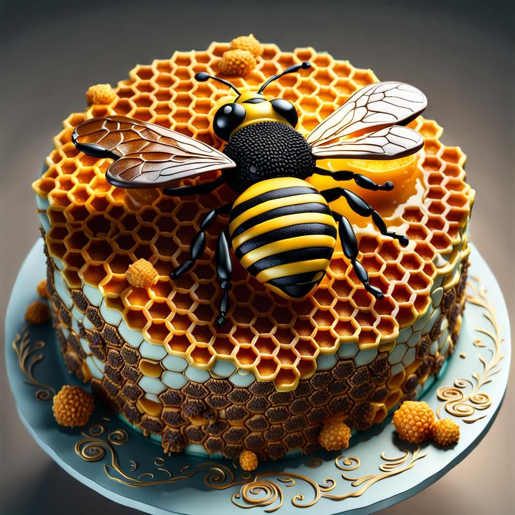 Bee-Shaped Honeycomb Cake in Surreal Style