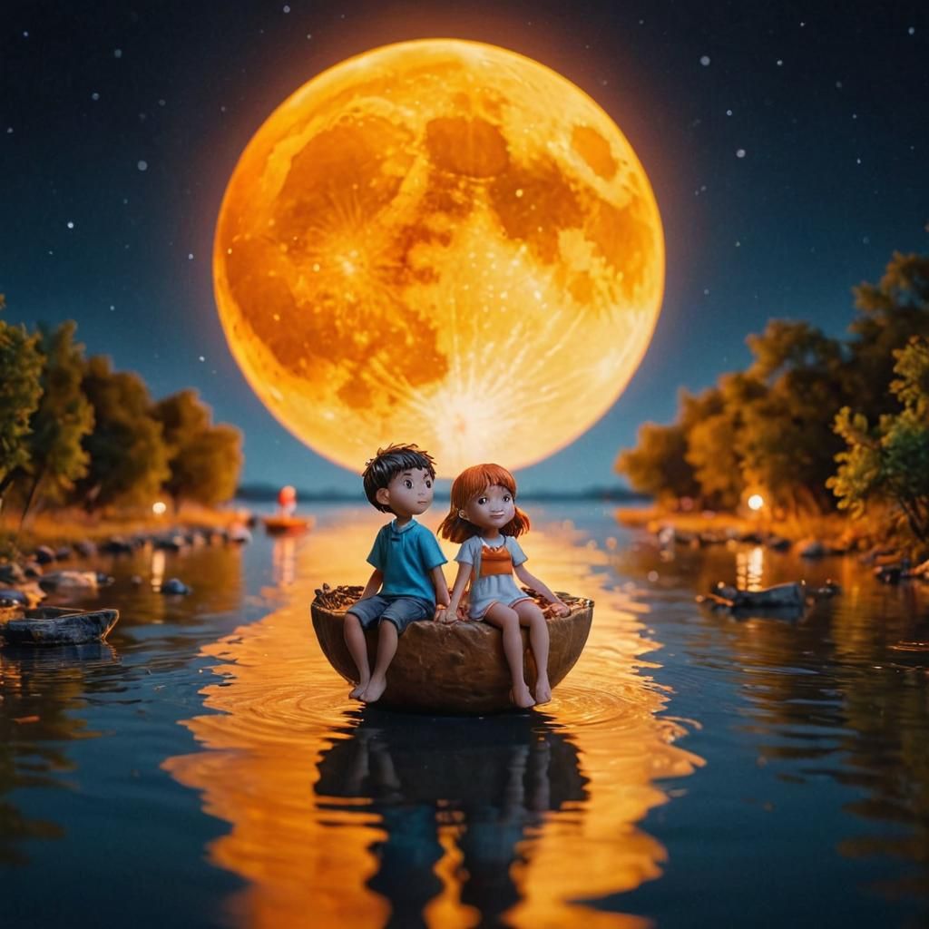 Miniature Children Float on River Under Orange Moon