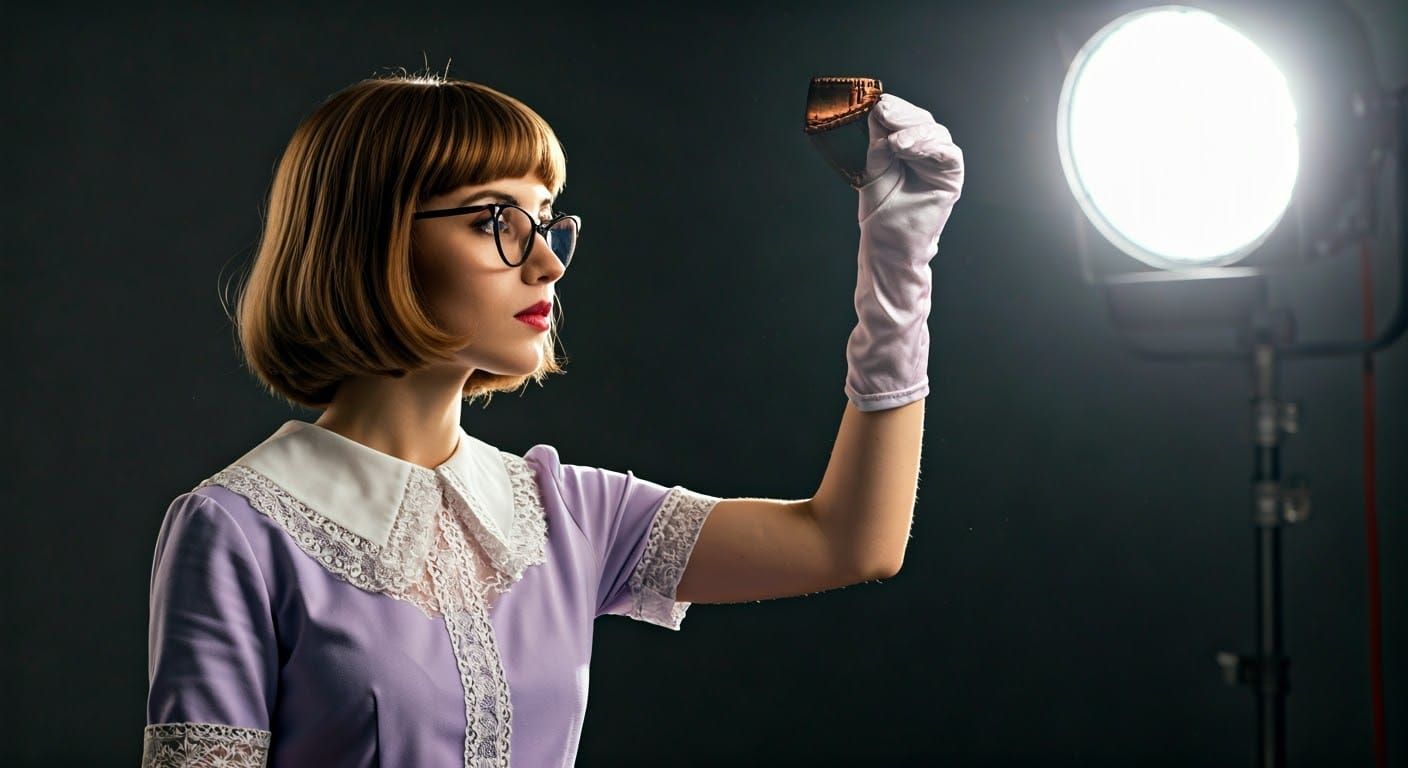 Woman Examines Film Strip in Vintage Style