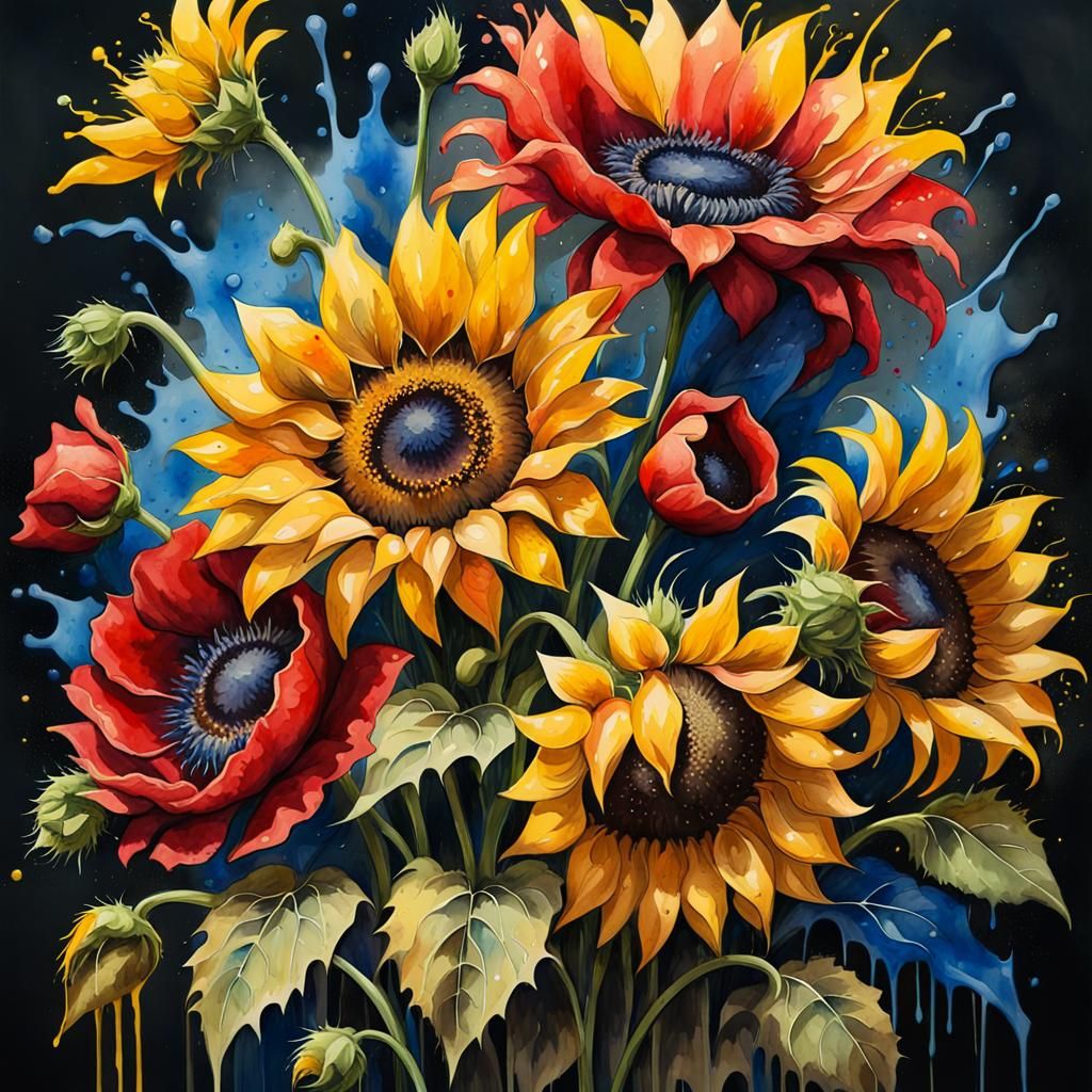 Watercolor Bouquet of Sunflowers and Poppies