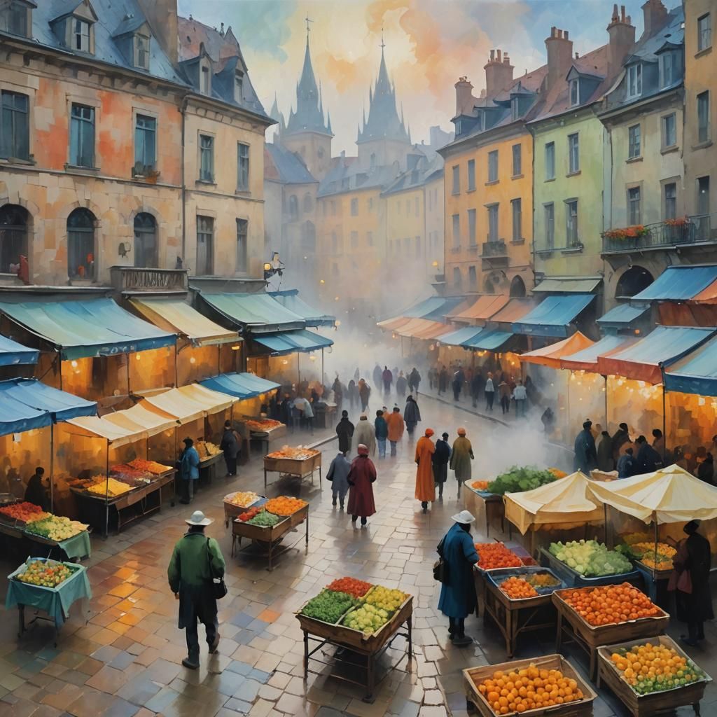 Impressionist Foggy Old Town Square with Vibrant Colors