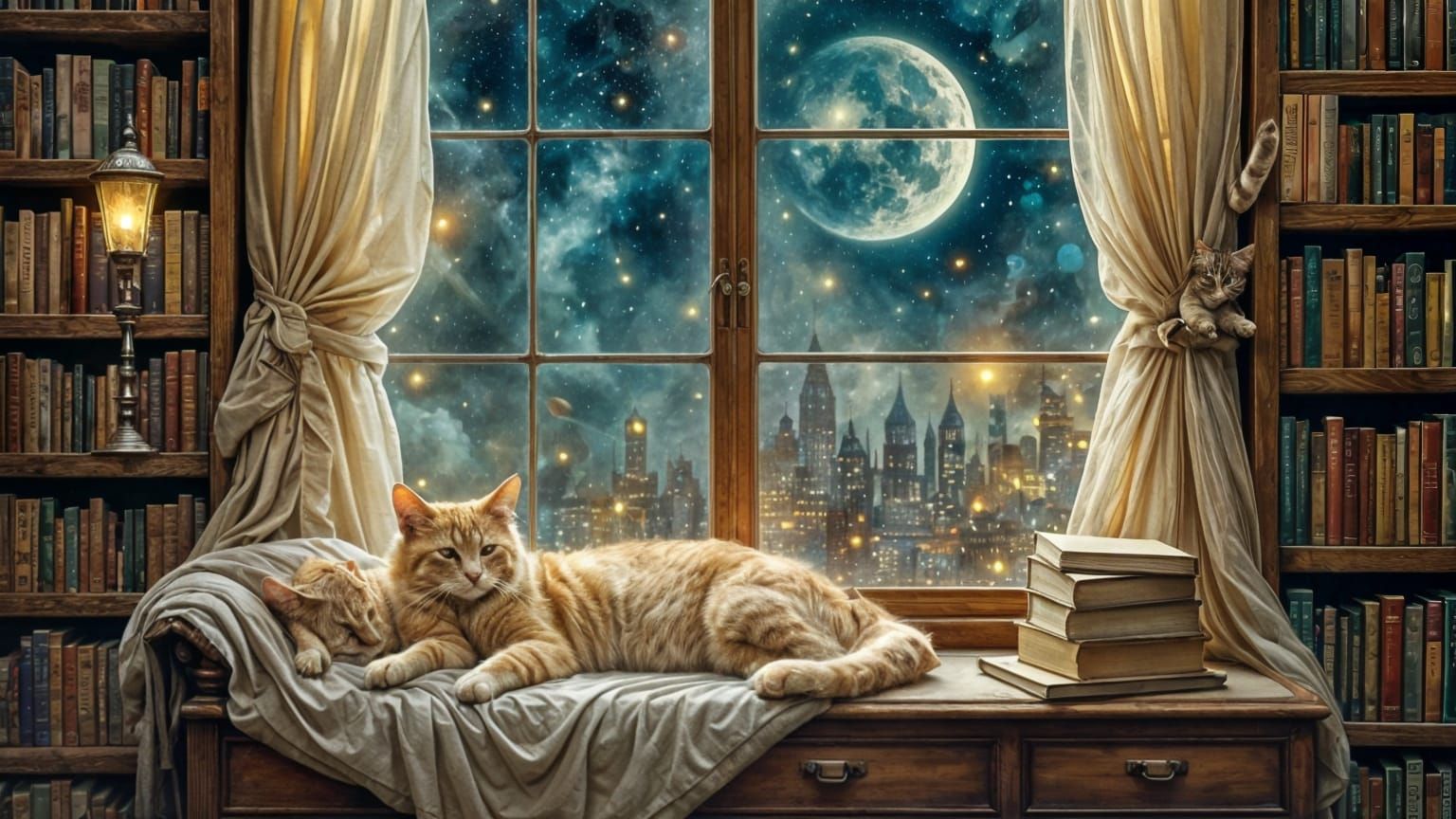 Four Sleeping Cats in Enchanted Window Dreamscape