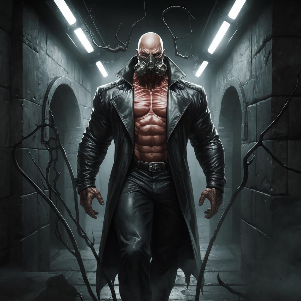 Gritty Dystopian Figure Walks Dark Ominous Hallway in Cyberp...
