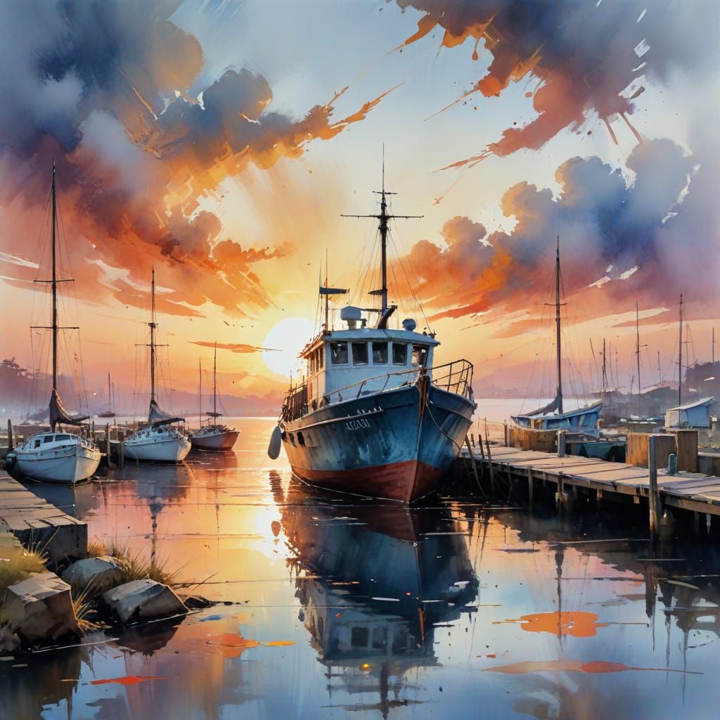 Docked Boat at Sunset: Impressionist Watercolor Painting