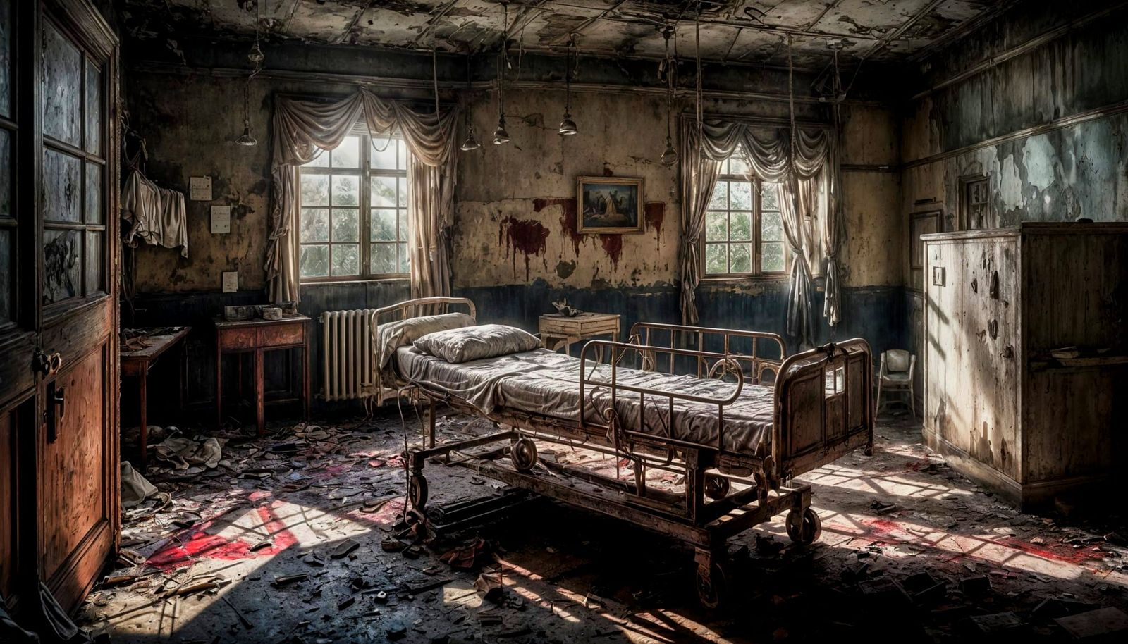 Haunted Hospital Ward in Detailed Watercolor Style