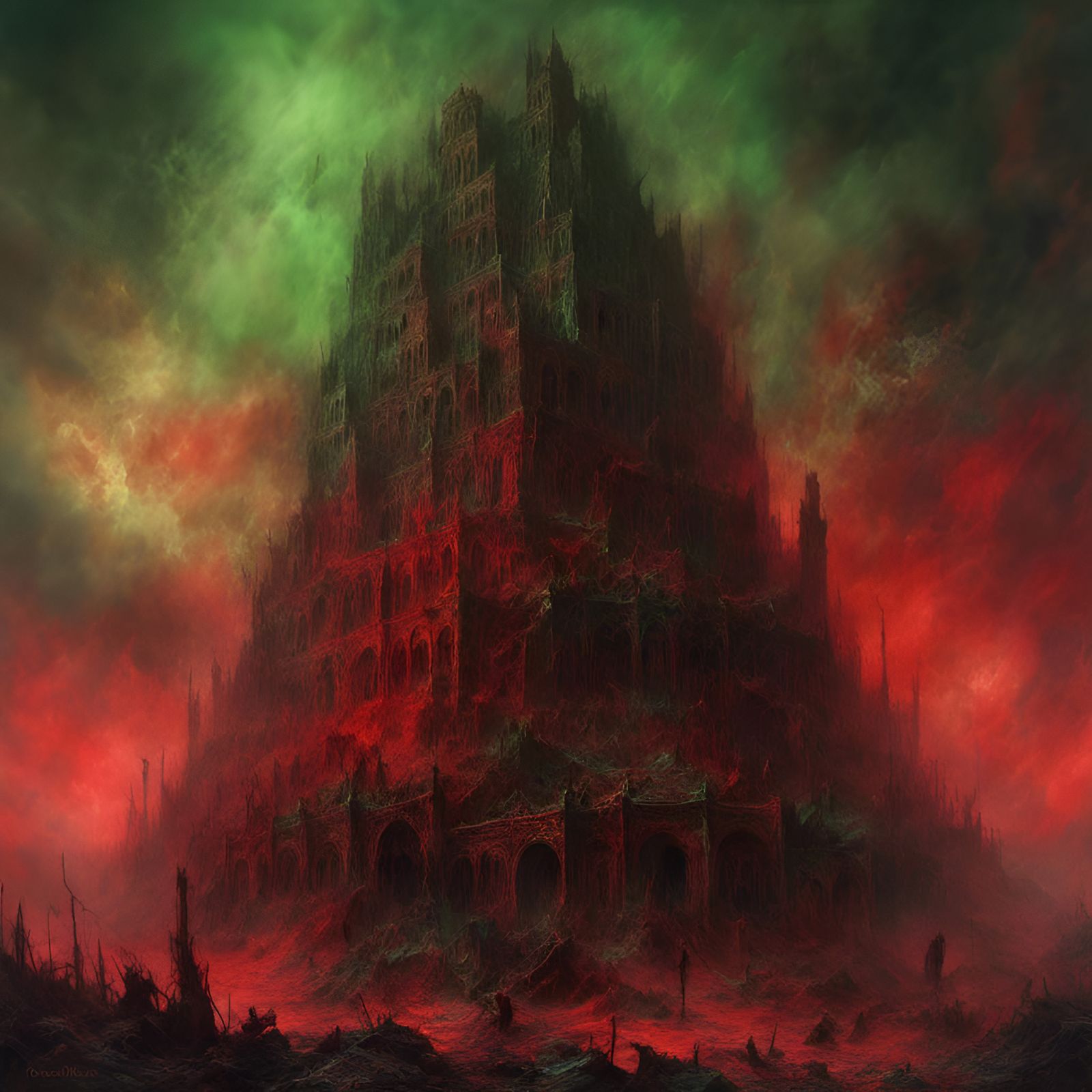 Biblical Tower of Babel in Psychedelic Horror Style