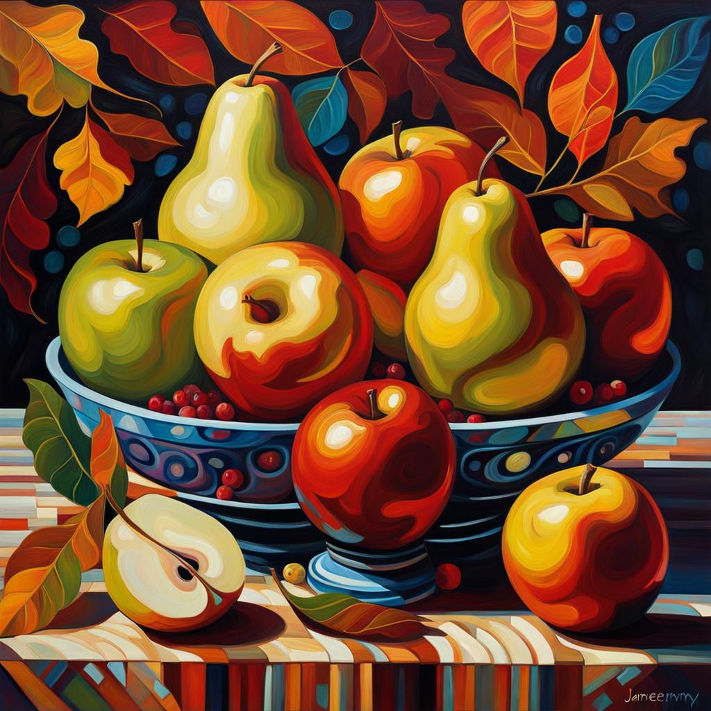 Apples, Pears, and Autumn Leaves in Expressionist Style