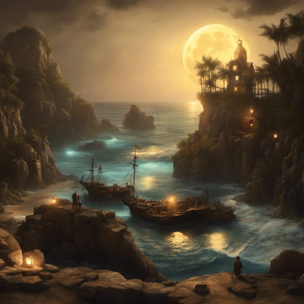 Moonlit Pirate Cove Hideout in Hyperrealistic Digital Art