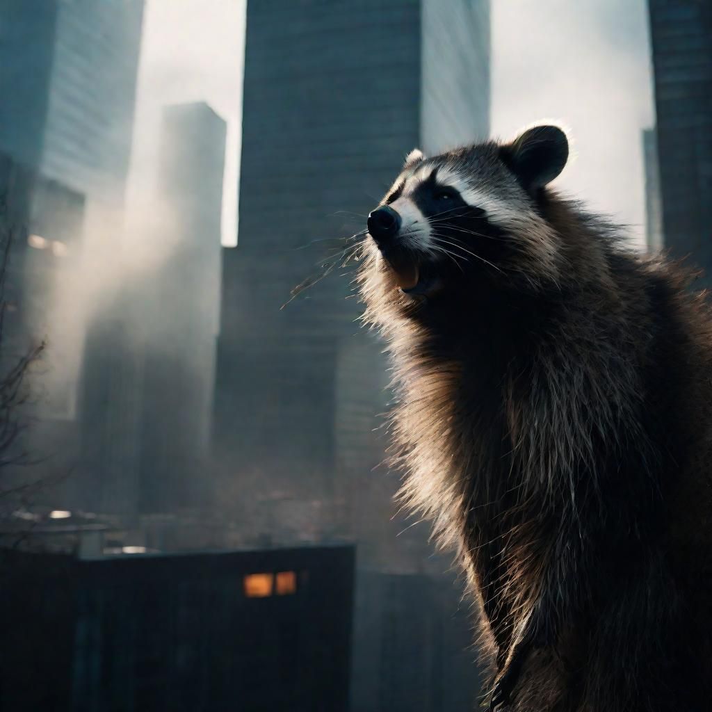 Giant Raccoon Devouring Skyscraper: Cinematic Film Still