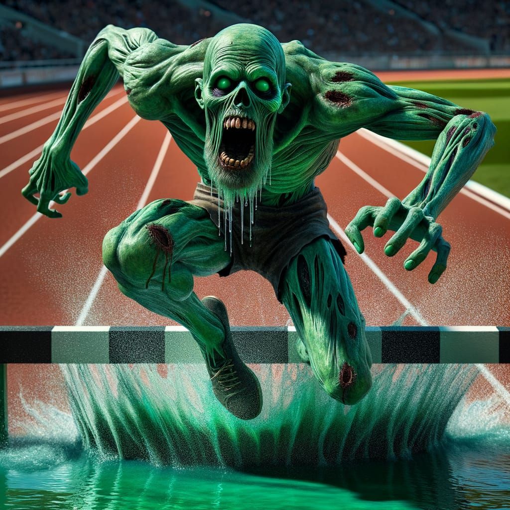 Green Zombie Screams While Jumping Steeplechase Water Pit
