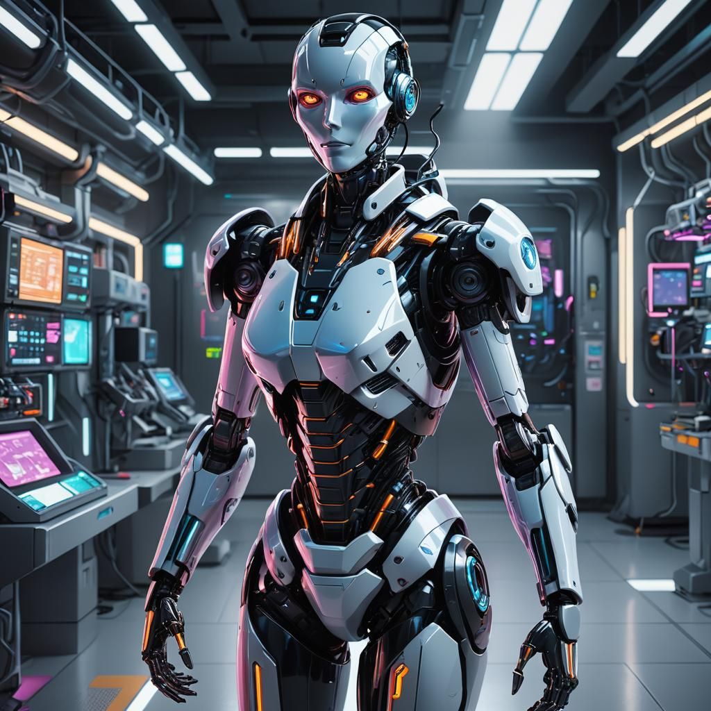 Futuristic Android in Neon-Lit Lab: 3D Anime Art