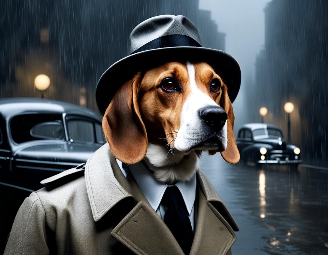 Beagle Detective in Rainy Film Noir Scene