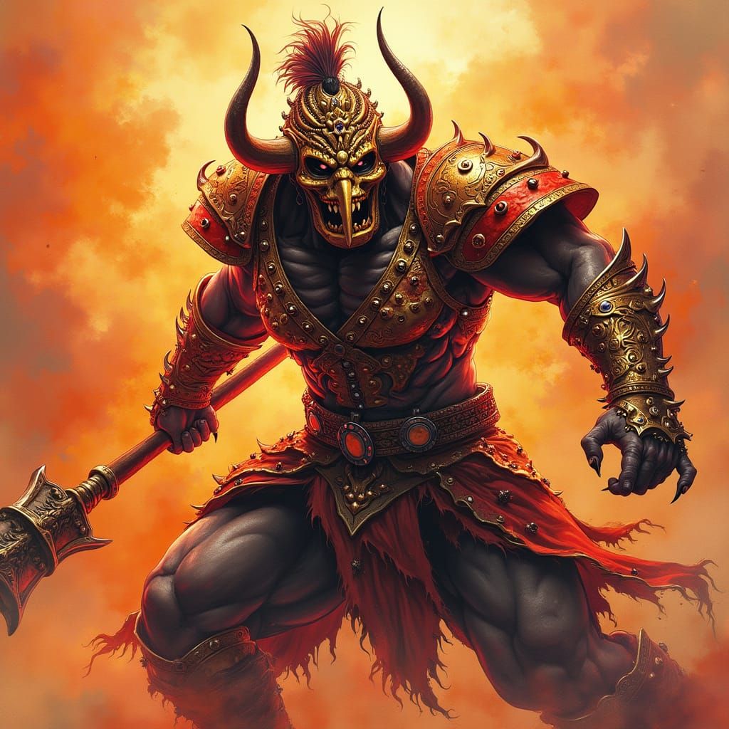 Elegant Oni Warrior in Blazing Inferno
