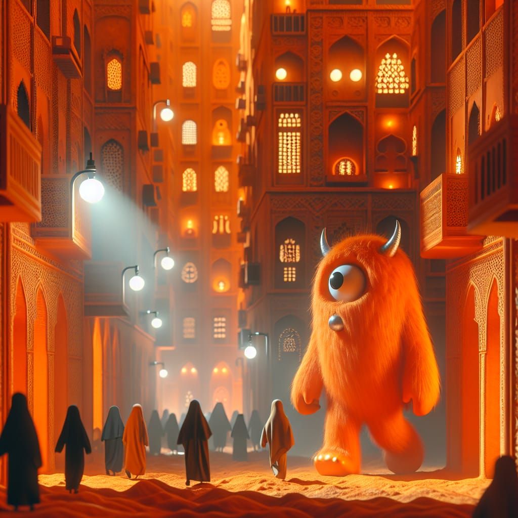 Whimsical Orange Monster in a Hyperrealistic Cityscape